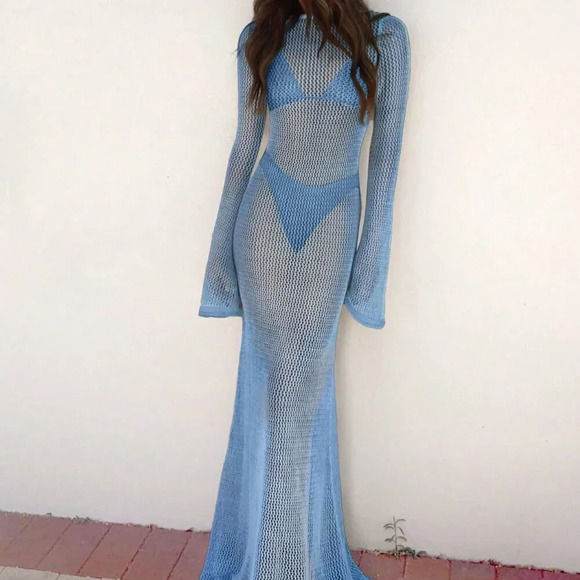 Blue Summer Women's Solid Color & Sexy Backless Beach Cover-Up - Picture 1 of 4